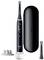 Electric toothbrush with a black, glossy design, replacement brush head, charging station and black case.