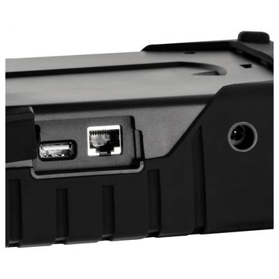 Close-up of a black device showing a USB port, Ethernet port, and round power jack on the side.