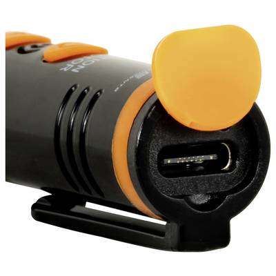 Close-up of a black and orange USB-C device with a protective cap covering the port, shown on a white background.