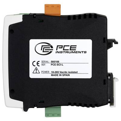 PCE Instruments industrial module labeled 'PCE-SCI-L' with serial 566166, CE mark, and power rating 18-265 Vac/dc isolated, made in Spain.<br>