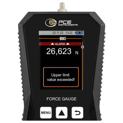 FCE Instruments force gauge display showing an alarm: 26.623 N with 'Upper limit value exceeded!' and battery icon, plus menu and navigation buttons.