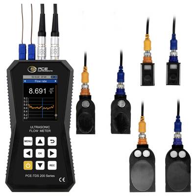 Handheld ultrasonic flow meter display showing flow rate 8.691 m³/h, with multiple sensor probes and cables arranged beside it.<br>