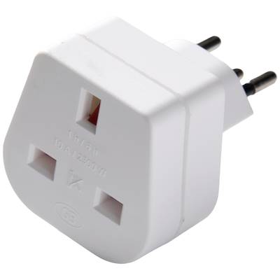 A white plug adapter with a British three-pin socket outlet and European two-pin plug, suitable for travellers.