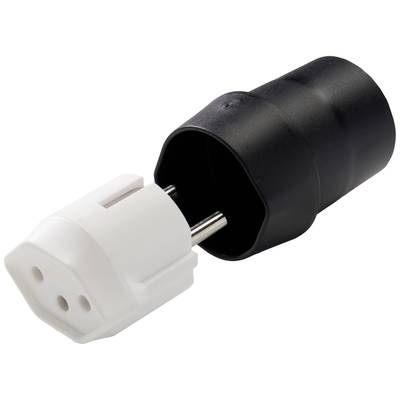 White Schuko plug and black plug adapter, unplugged, against a white background.