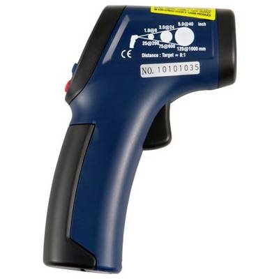 Blue handheld infrared thermometer gun with trigger, display markings, and red side button on a white background.