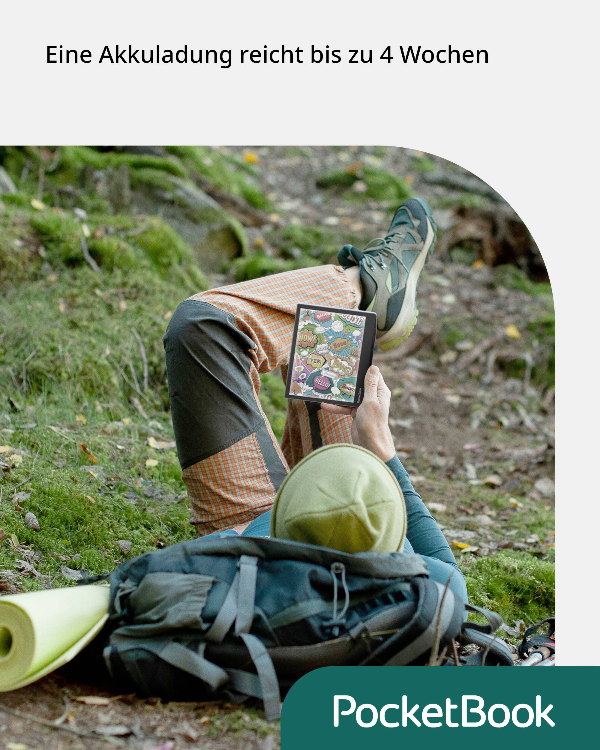 A person is relaxing in the forest reading on an e-reader. Text at the top: 'One battery charge lasts up to 4 weeks'.