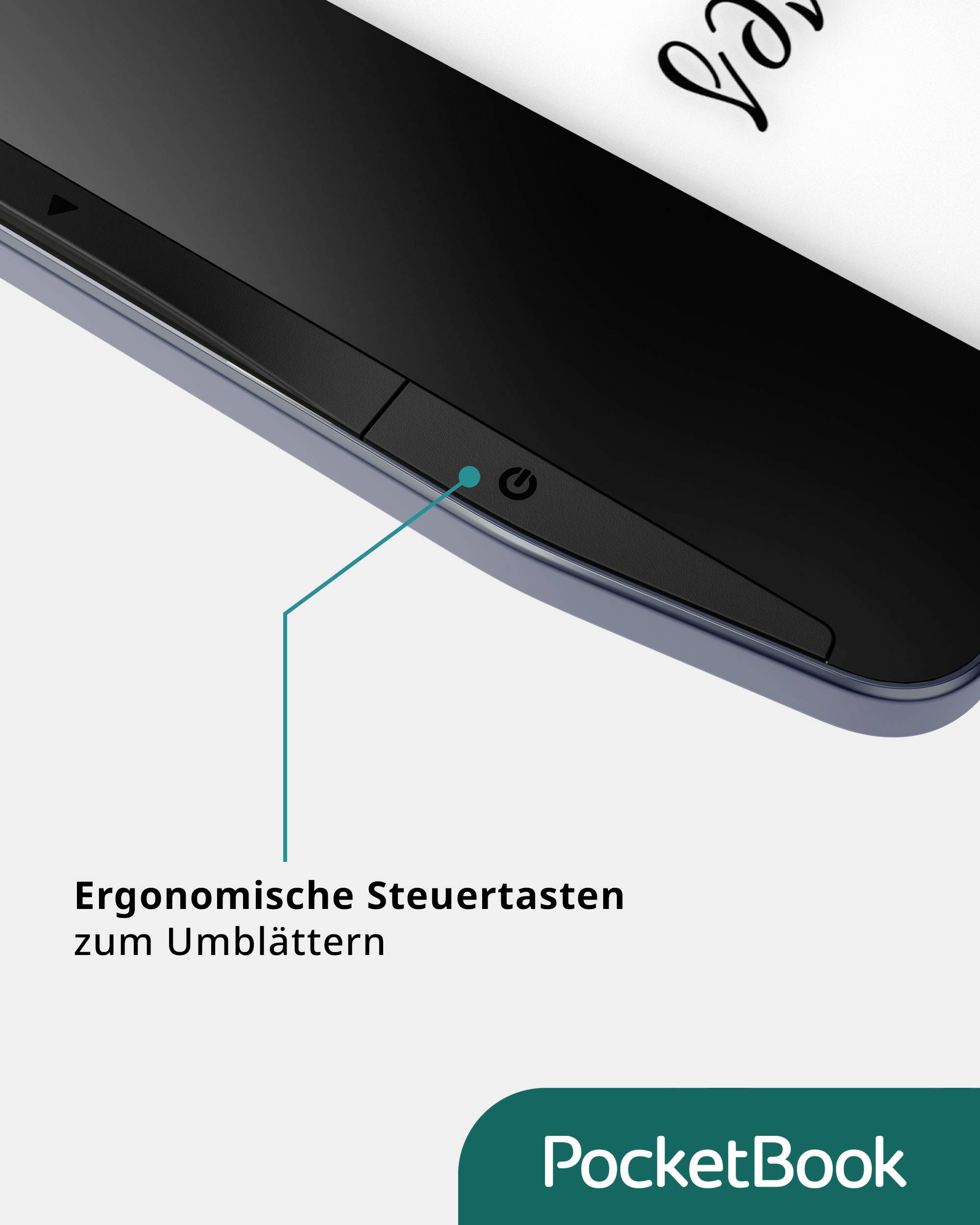 An e-reader shows ergonomic control buttons for page turning. Text 'Ergonomic Page-Turning Control Buttons' and logo 'PocketBook'.