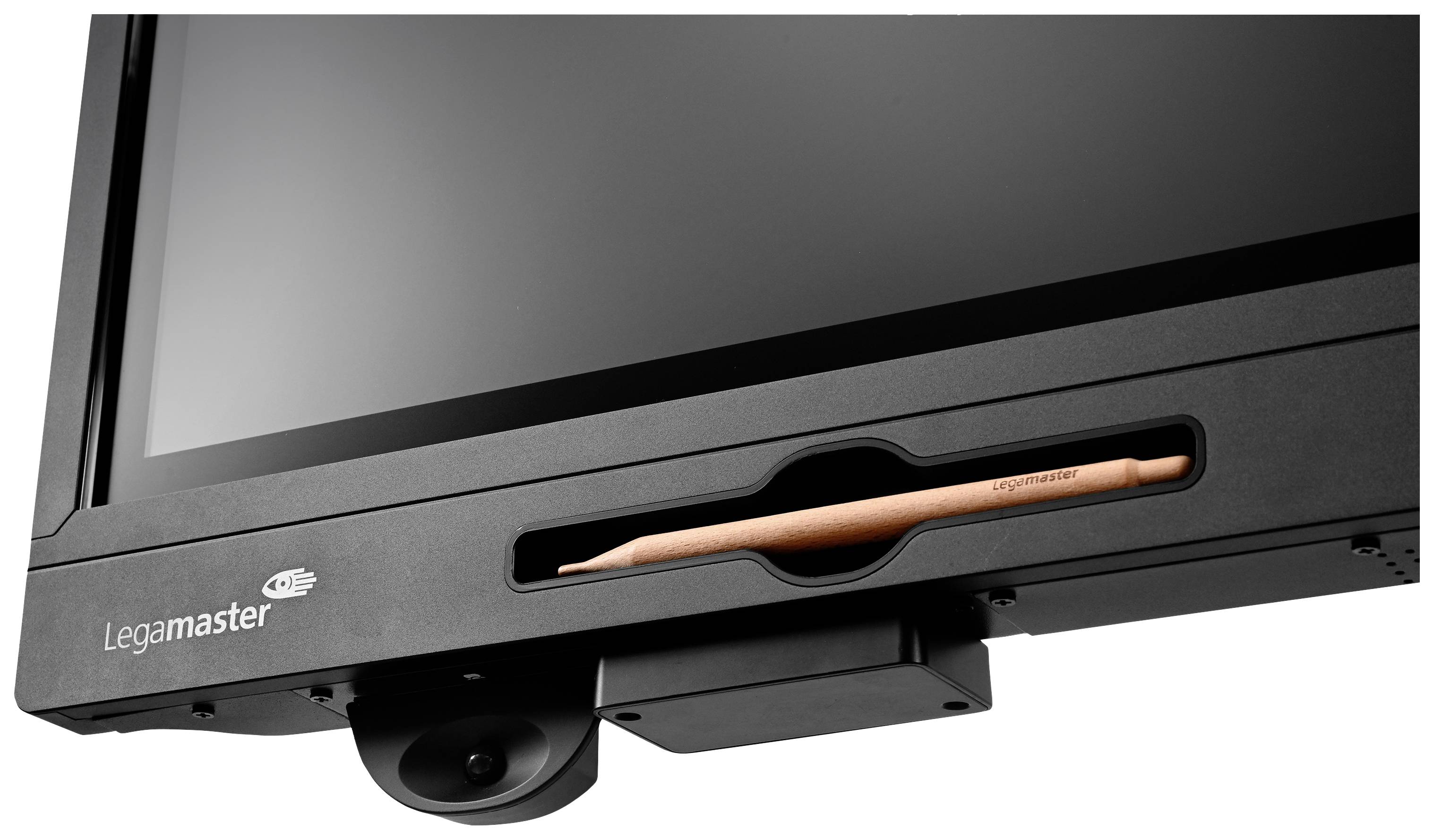 Large interactive display with Legamaster logo and integrated pen holder. A stylised pen is placed in the holder.