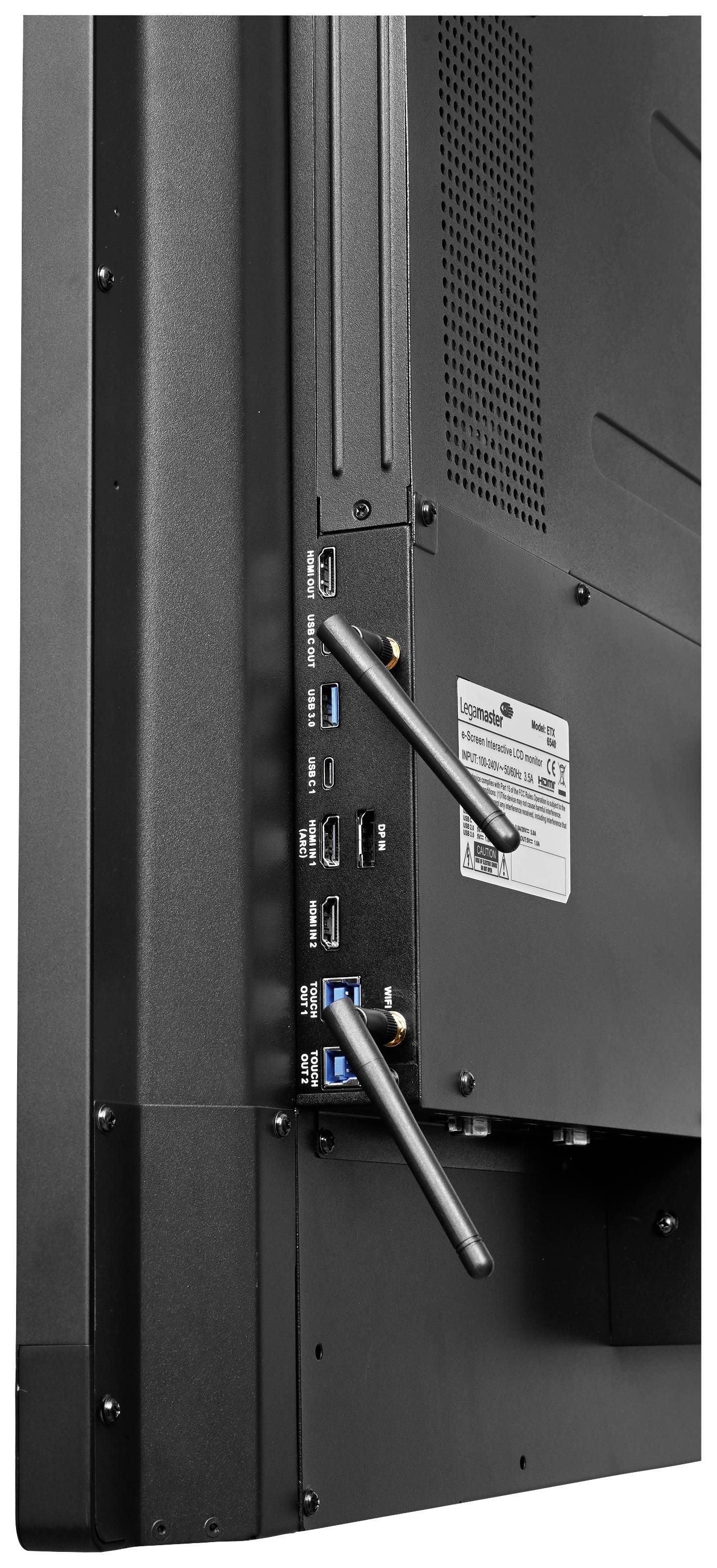 Rear view of a monitor with multiple ports, including USB and HDMI. Two antennae are mounted on the sides.
