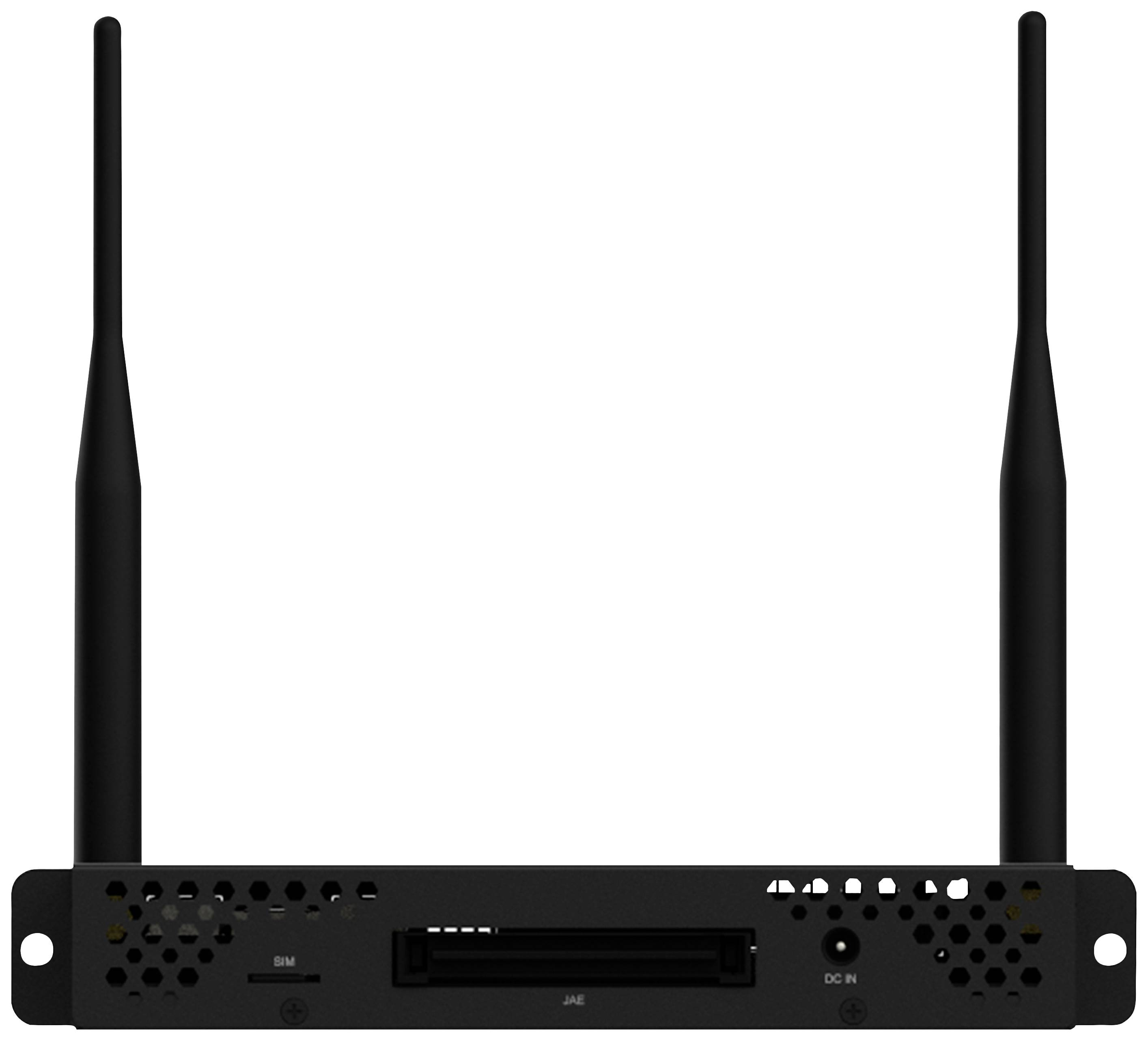 A black router with two aerials, power button and connection options on the front panel. Suitable for network connections.