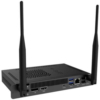 A black router with two large aerials, multiple ports such as HDMI, USB and Ethernet, along with ventilation slots on the side.