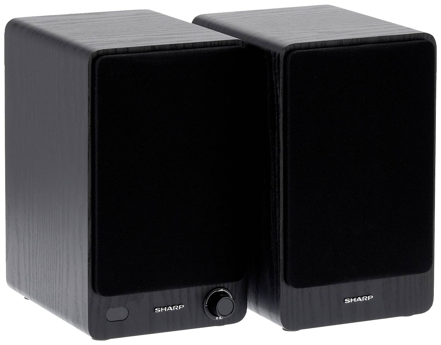 Two black speakers with a rectangular shape, each with a volume control on the front.