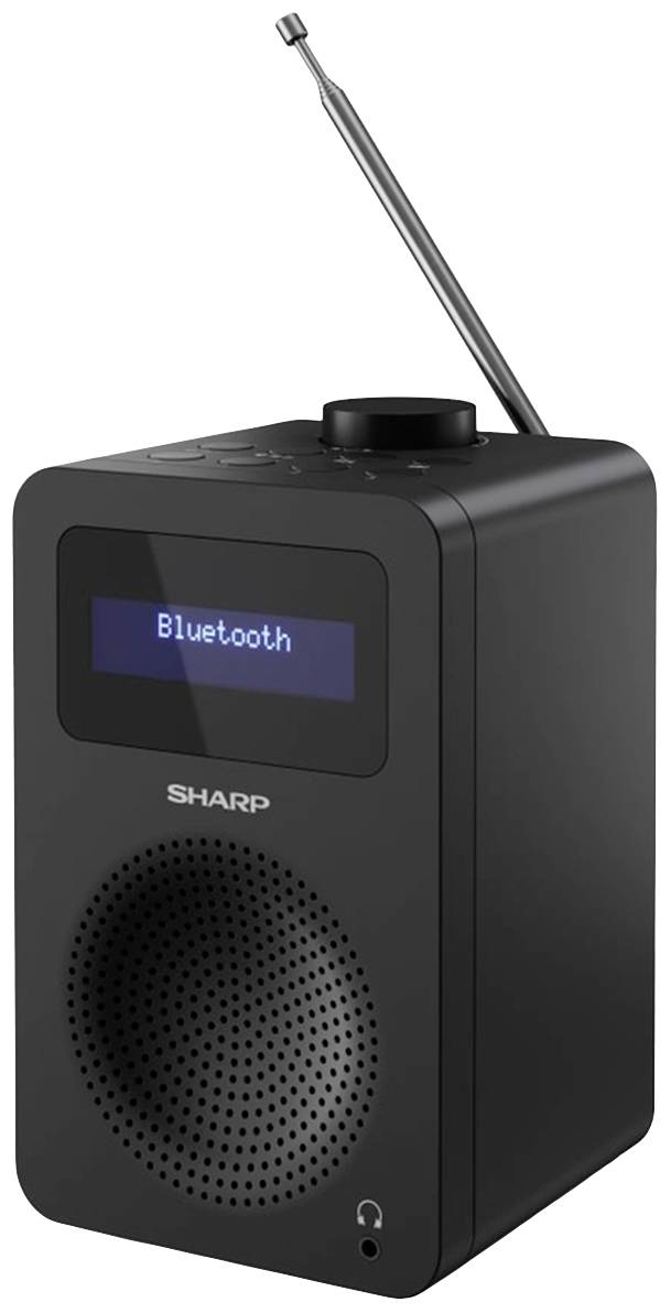 Black portable radio with Bluetooth functionality, large speaker, and extendable aerial. Display shows 'Bluetooth'.