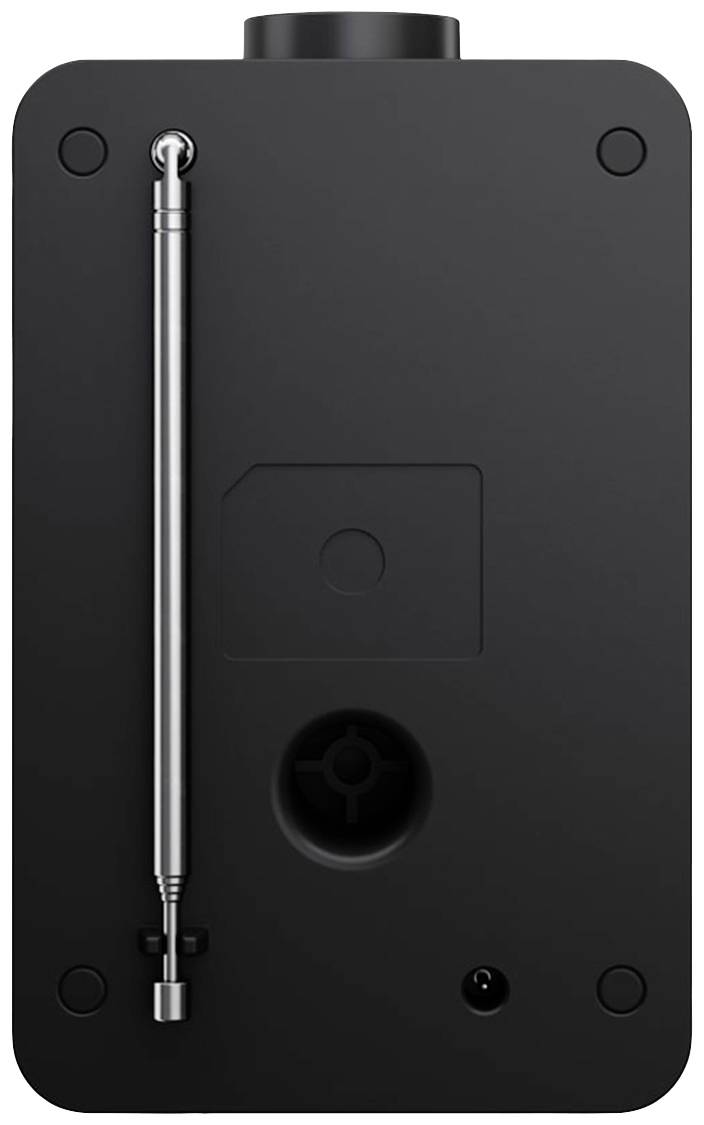 A black device with an antenna and connection sockets on the back, possibly a radio or communications device.