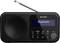 A black portable radio with a built-in speaker and antenna displays 'Bluetooth' on the screen. Brand name at the top.