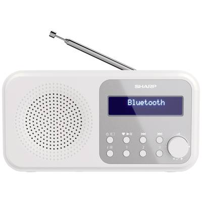 White portable radio with extendable aerial, speaker on the left and control buttons on the right. Display shows 'Bluetooth'.