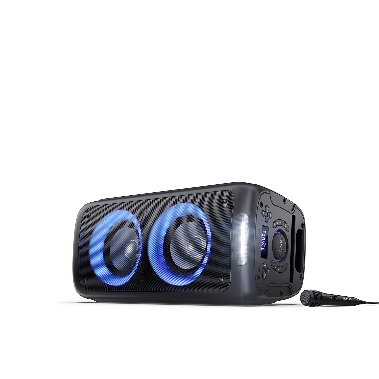 Portable Bluetooth speaker with LED lights and microphone. Suitable for parties and wireless music listening.