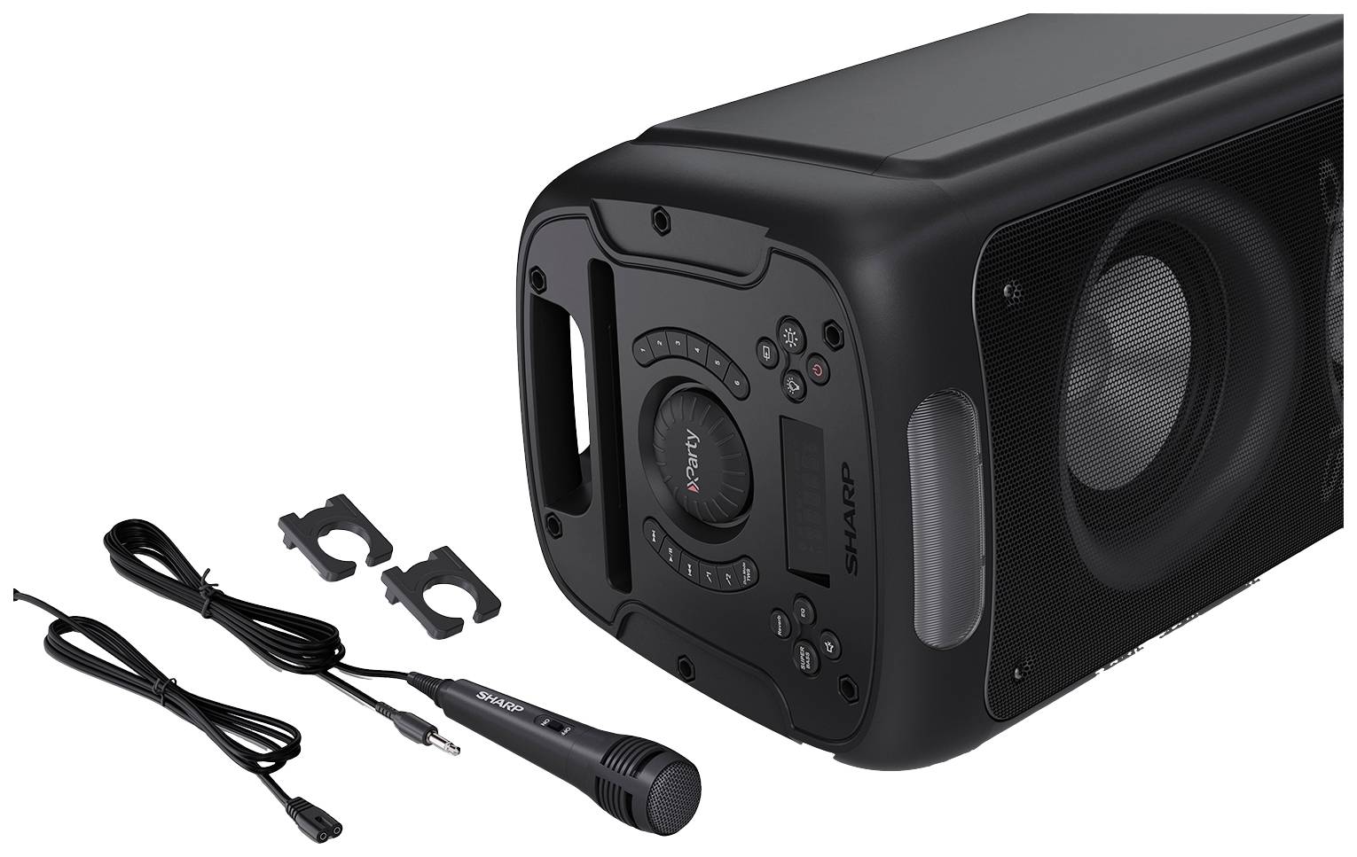 Black portable speaker with microphone and cable. Front view shows volume and playback controls. Ideal for music events.