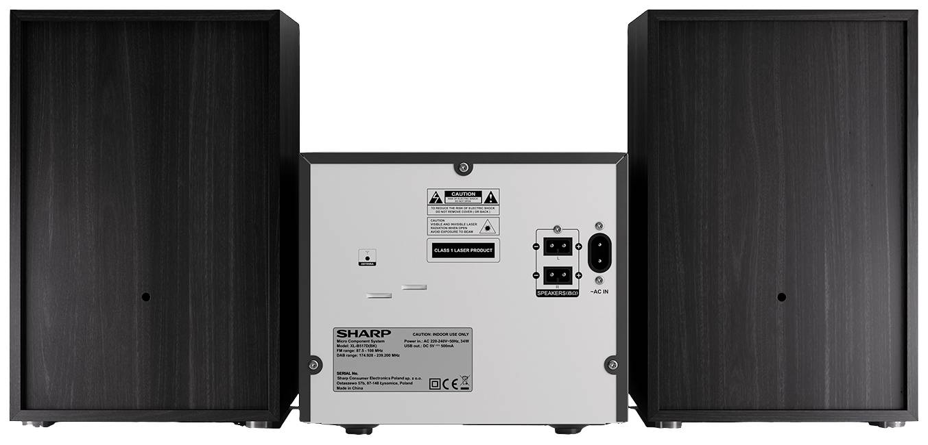 'Rear view of an audio device with two black speakers and a central section with connections and labels.'