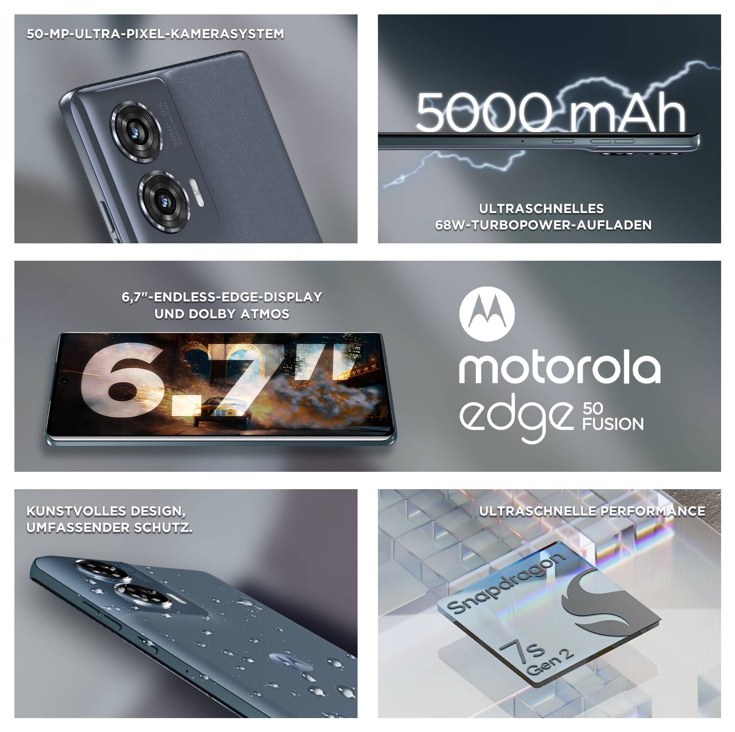 The image depicts a Motorola Edge 50 Fusion smartphone in black. It features a large display and an elegant, sleek design.