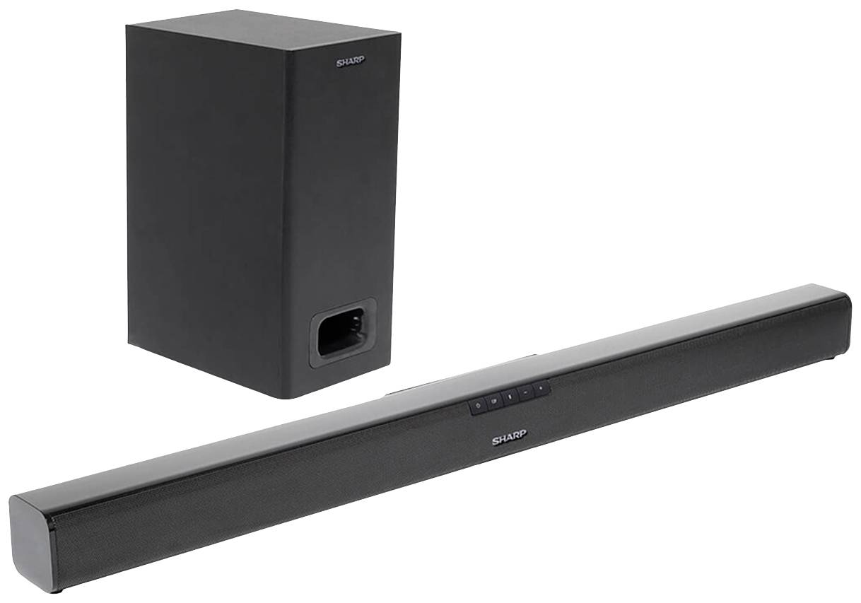 Black soundbar and subwoofer, product shot.