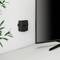 A black Apple TV is mounted on a white wall next to a large flat-screen television. Green leaves are visible on the left.