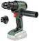 Cordless drill in a green and black design with a red switch, a chuck at the front and a removable handle on the side.