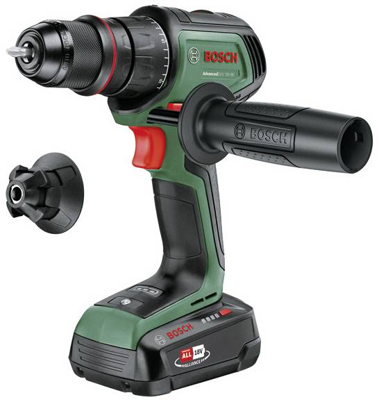Bosch cordless drill driver in green and black, with a removable handle. The 'Bosch' logo and 'Advanced Impact 18' are visible.