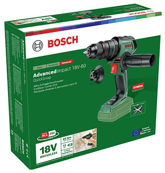 Packaging for a Bosch AdvancedImpact 18V-80 QuickSnap Drill. Includes drill bits, batteries and accessories. Ideal for precise work.