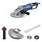 Angle grinder with blue casing and handle, including protective guard, additional side handle, tension spanner and grinding discs.