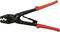 Black crimping pliers with red handles; tool for crimping cable connections.