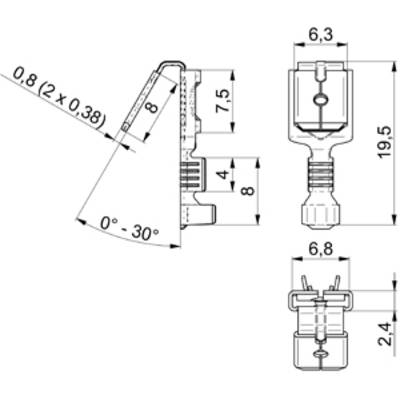 Technical drawing of a connector with dimensions. Dimensions: 0.8 mm, 6.3 mm, 6.8 mm, 8 mm, 7.5 mm, 19.5 mm and angle 0°-30°.