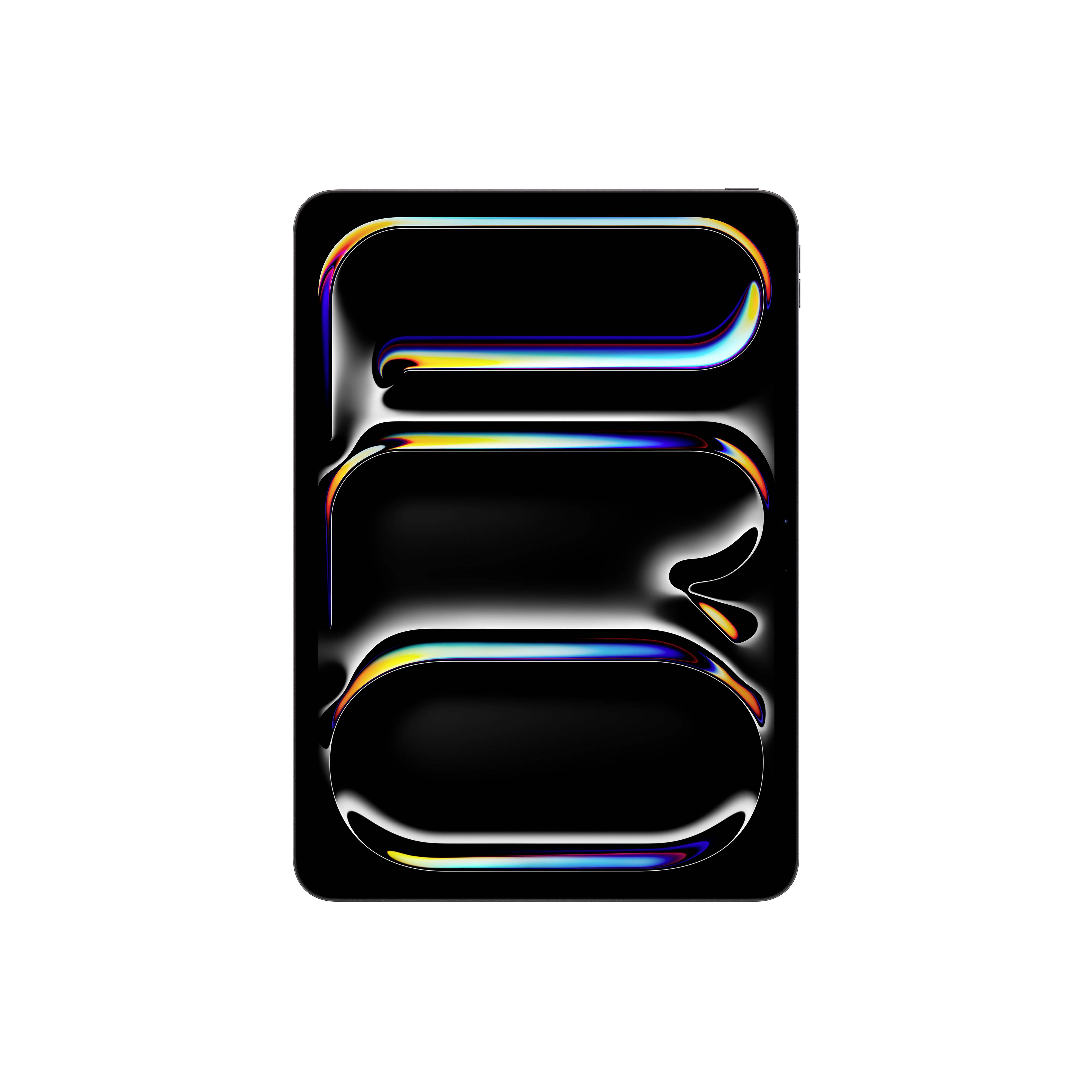 A black rectangle with an abstract, shimmering design in rainbow colours, forming various shapes and curves.