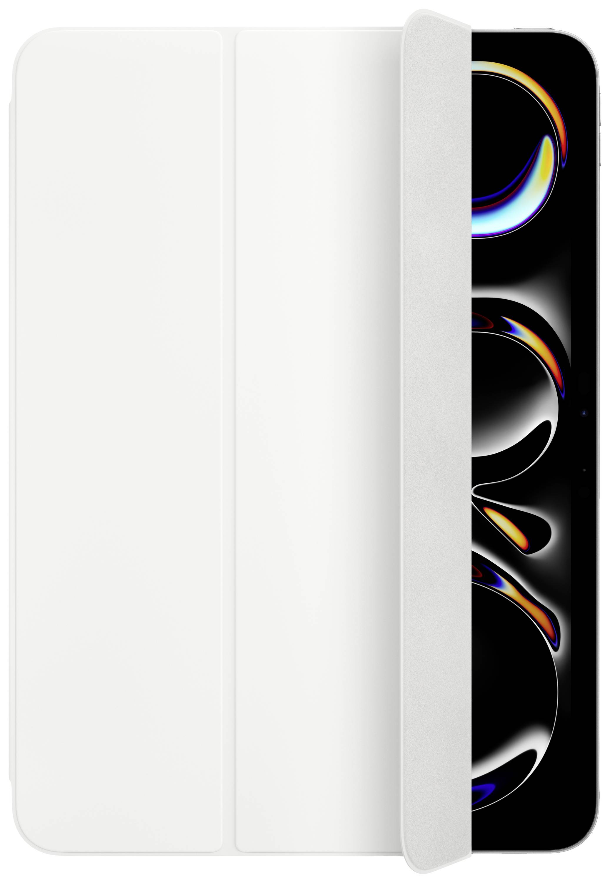 A smartphone displays abstract, colourful circles on a black background. A white cover is partially open.