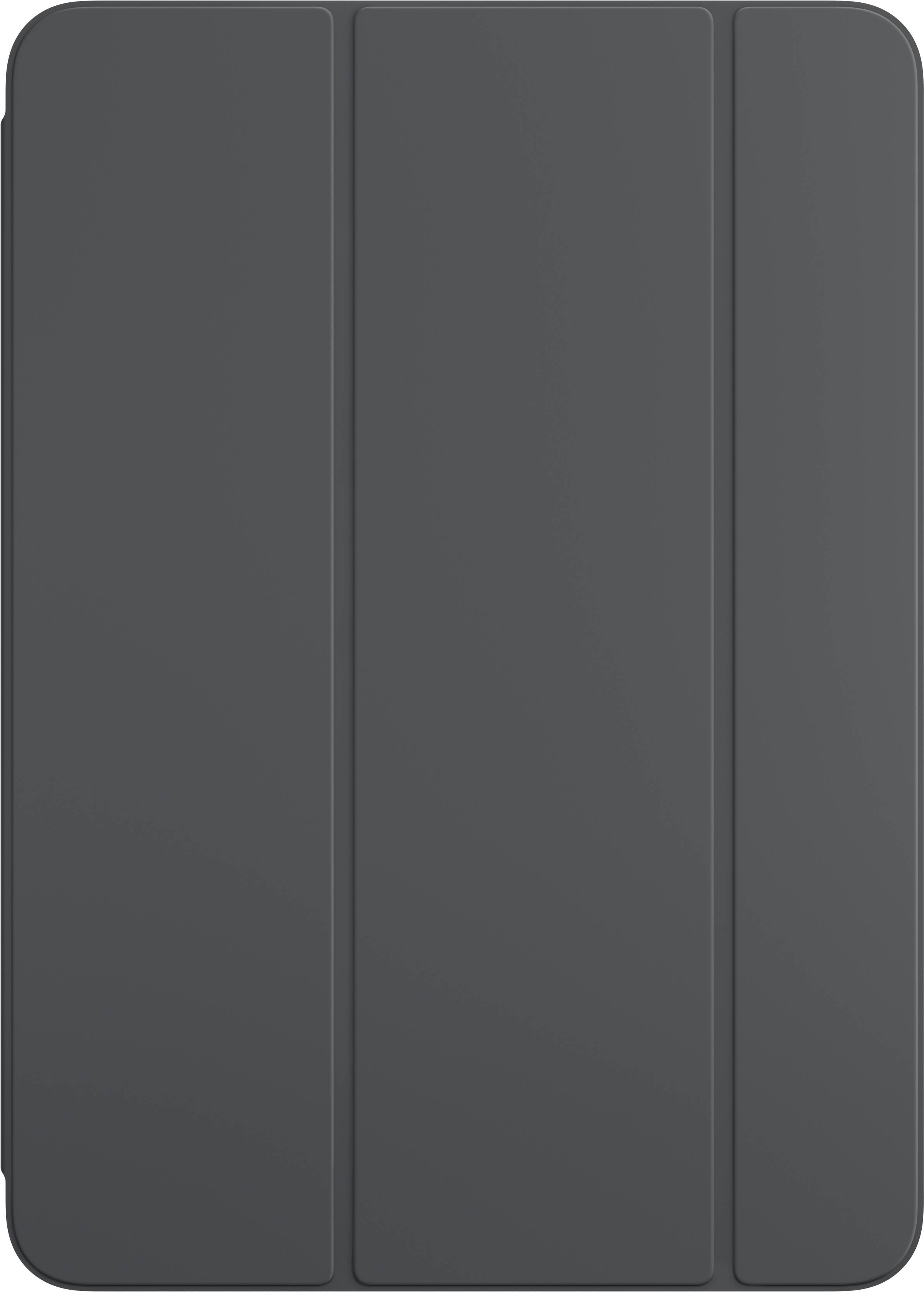 Dark grey, rectangular tablet case, closed, with three vertical folds, minimalist design.
