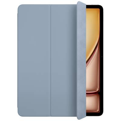 Tablet with a half-open, light blue folding case. The screen displays an orange-beige background image.