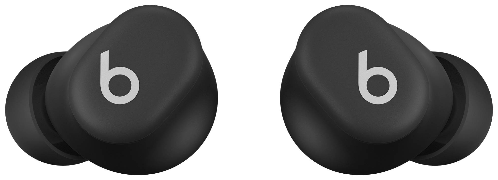 Black wireless earbuds with a distinctive 'b' logo in the centre, stylish design, compact and cordless.