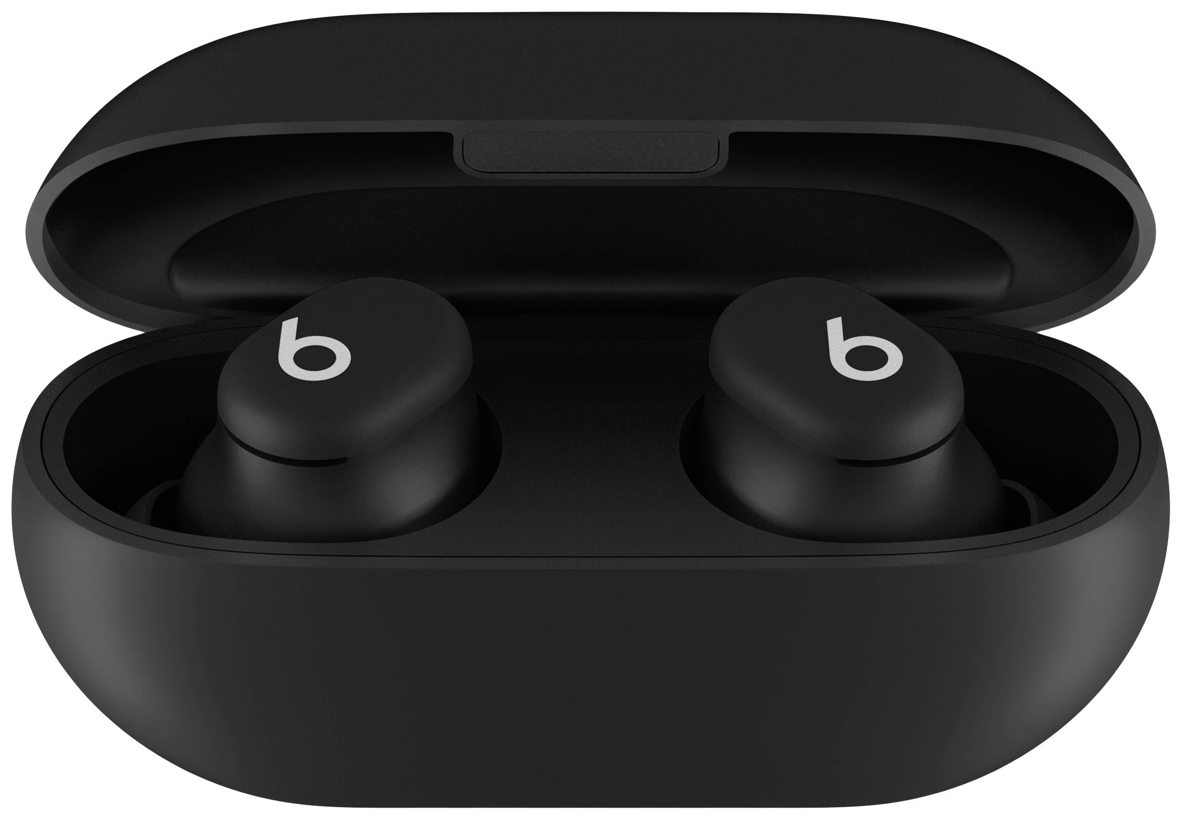 Wireless black earbuds in a charging case, with a 'b' logo on each earbud, opened and displayed.