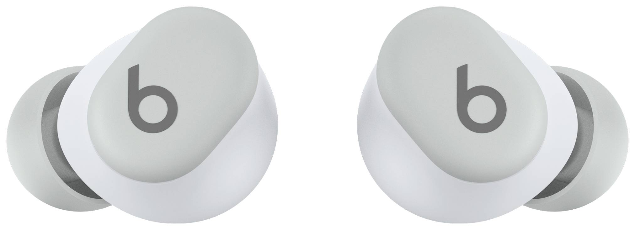 Two wireless white earbuds with a grey 'b' logo on top. Design minimalist, distinctive for music and calls.