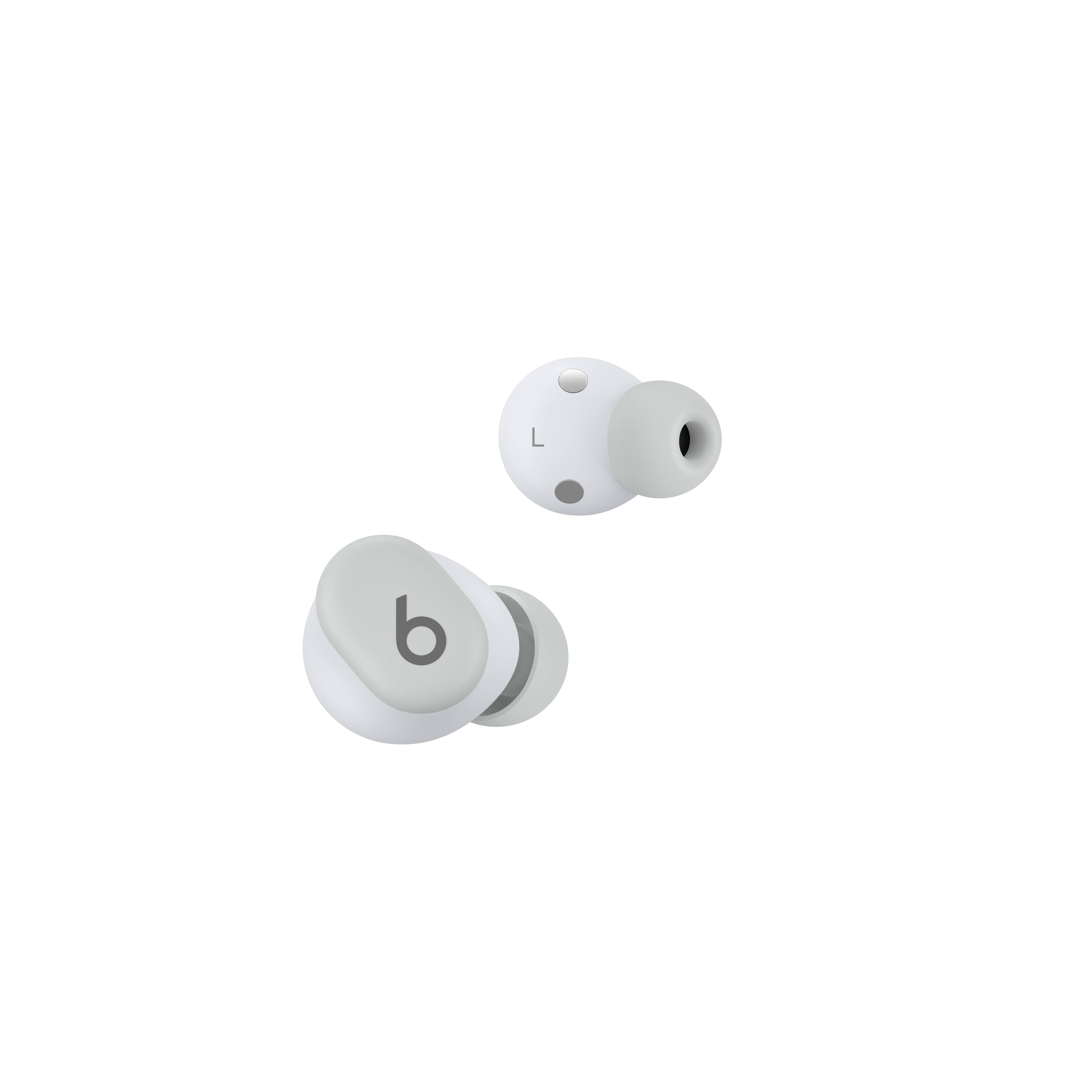 White wireless in-ear headphones with 'b' logo. They have interchangeable ear tips and are ergonomically designed for optimal comfort.