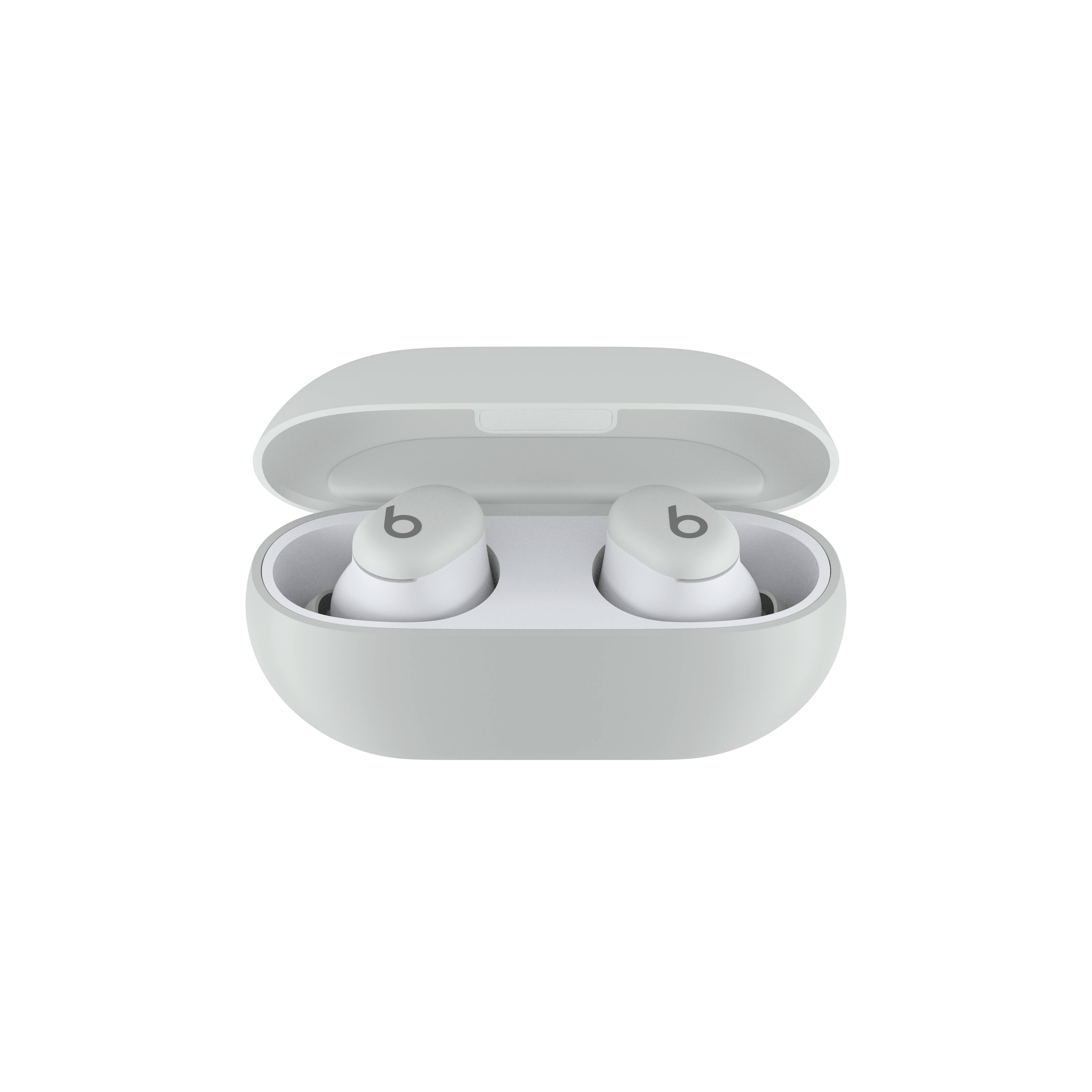 A pair of wireless earbuds in an open charging case, presented on a white surface.