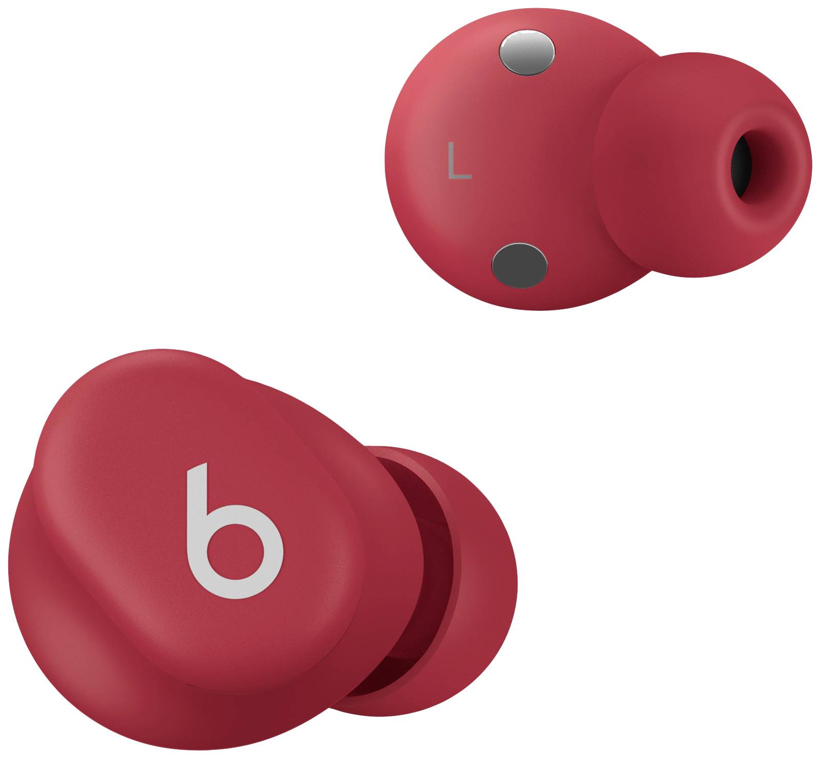 Red wireless in-ear headphones with 'b' logo, showing front and rear views of an ear with magnetic contacts and L marking.