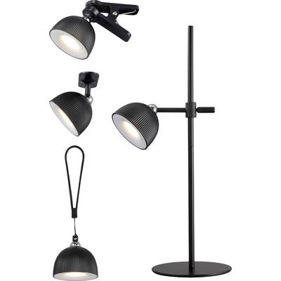 Several black lights: A table lamp, a clip lamp, and a pendant light, all with ribbed lampshades and a modern design.