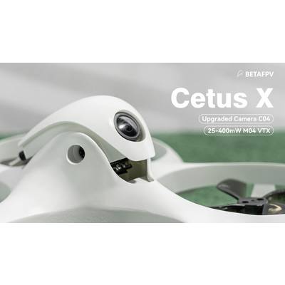 Close-up of a white drone with a camera, labelled 'Cetus X', enhanced with camera C04 and variable VTX power.
