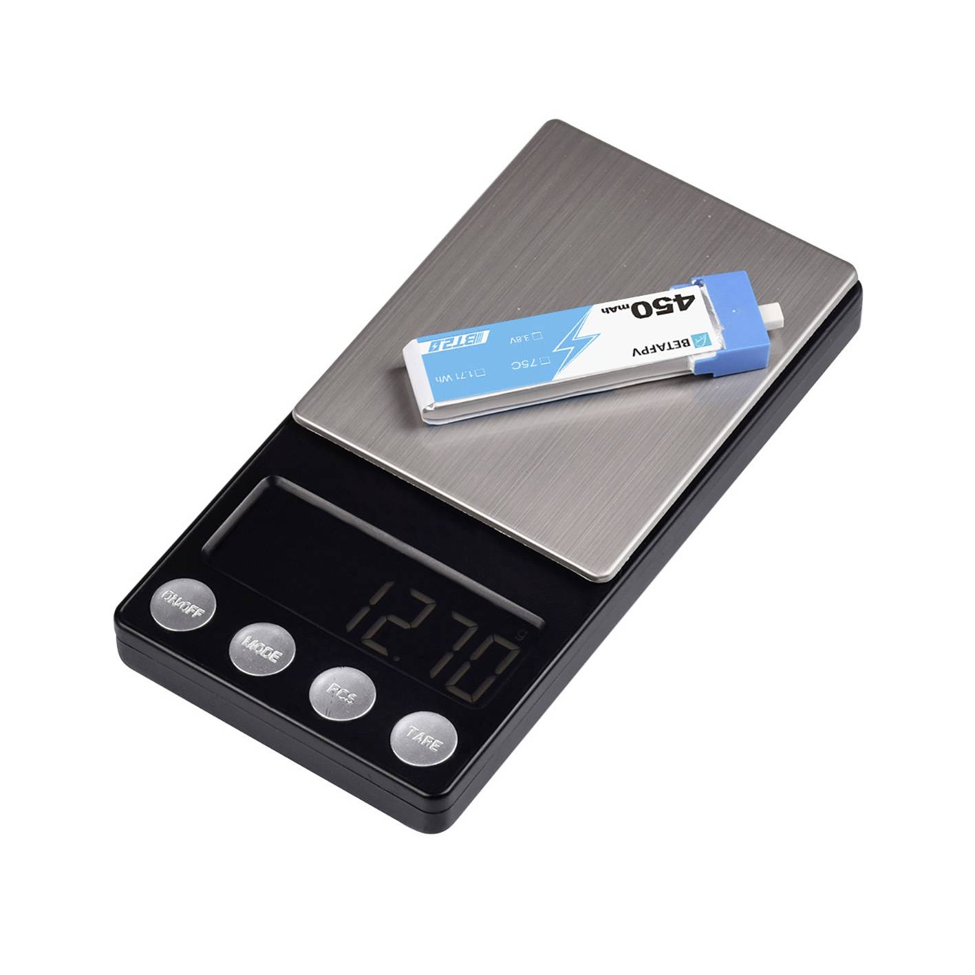 Digital scales with inserted battery, showing a weight of 12.70.