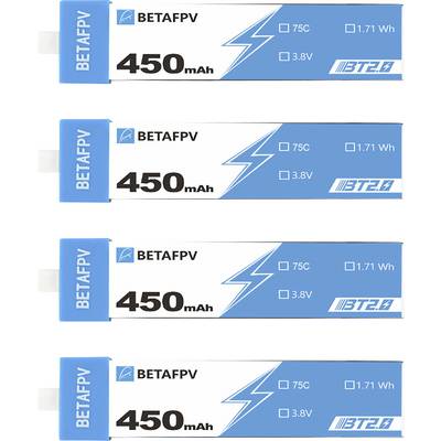 Four blue and white batteries by BETAFPV, model BT2.0, capacity 450 mAh, voltage 3.8 V, energy 1.71 Wh.