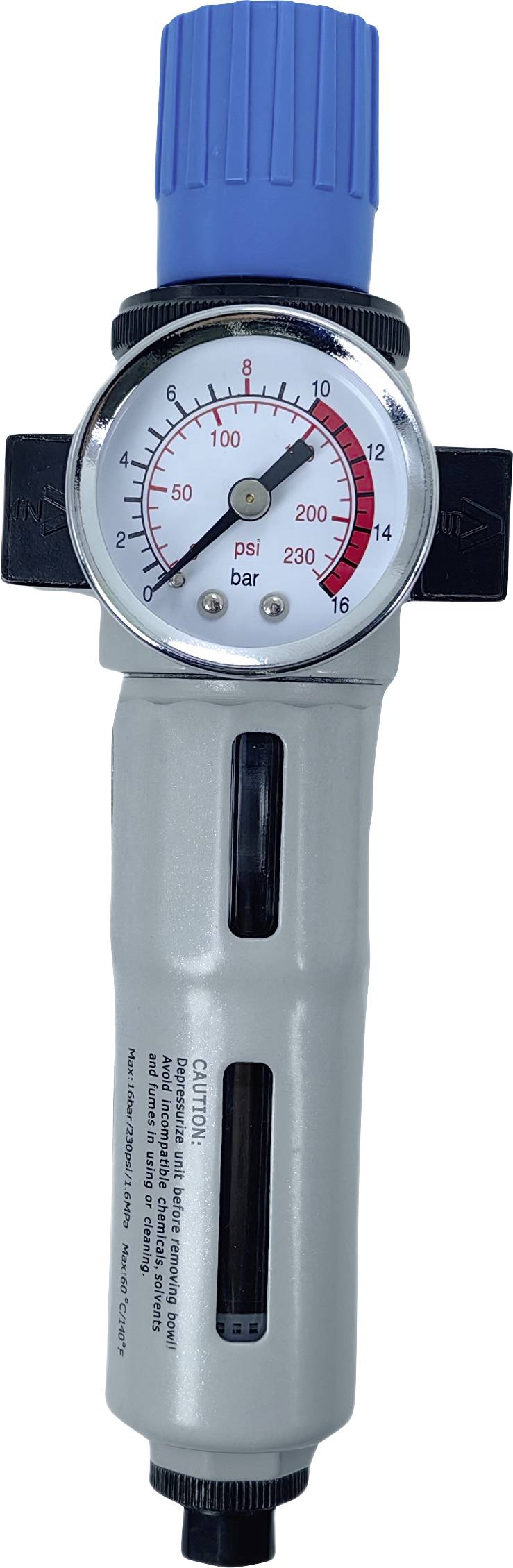 Air pressure regulator with a dial indicating 0 to 230 psi, and a blue adjustment knob.