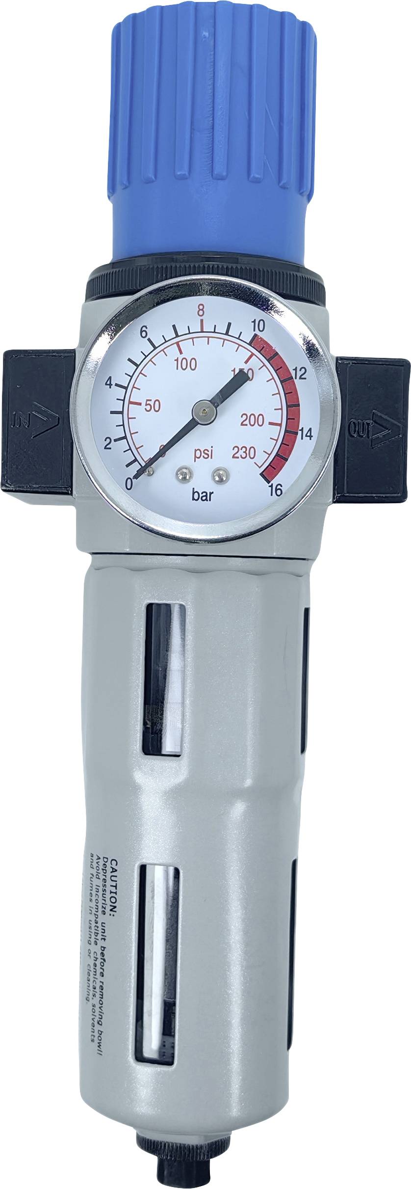 Pressure regulator with manometer showing pressure in psi and bar, blue adjustment knob, silver body, primarily used in industrial settings.