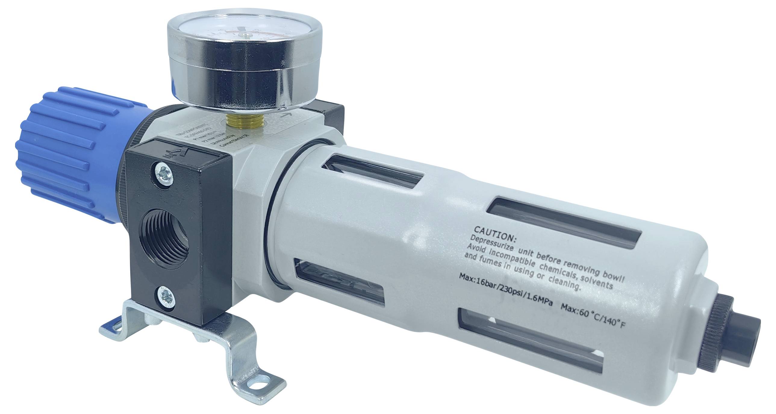 Pressure regulator with blue rotary knob and manometer on top. White housing, mounted on metal bracket. Text inscription: 'CAUTION: Release unit before removing bowl'.