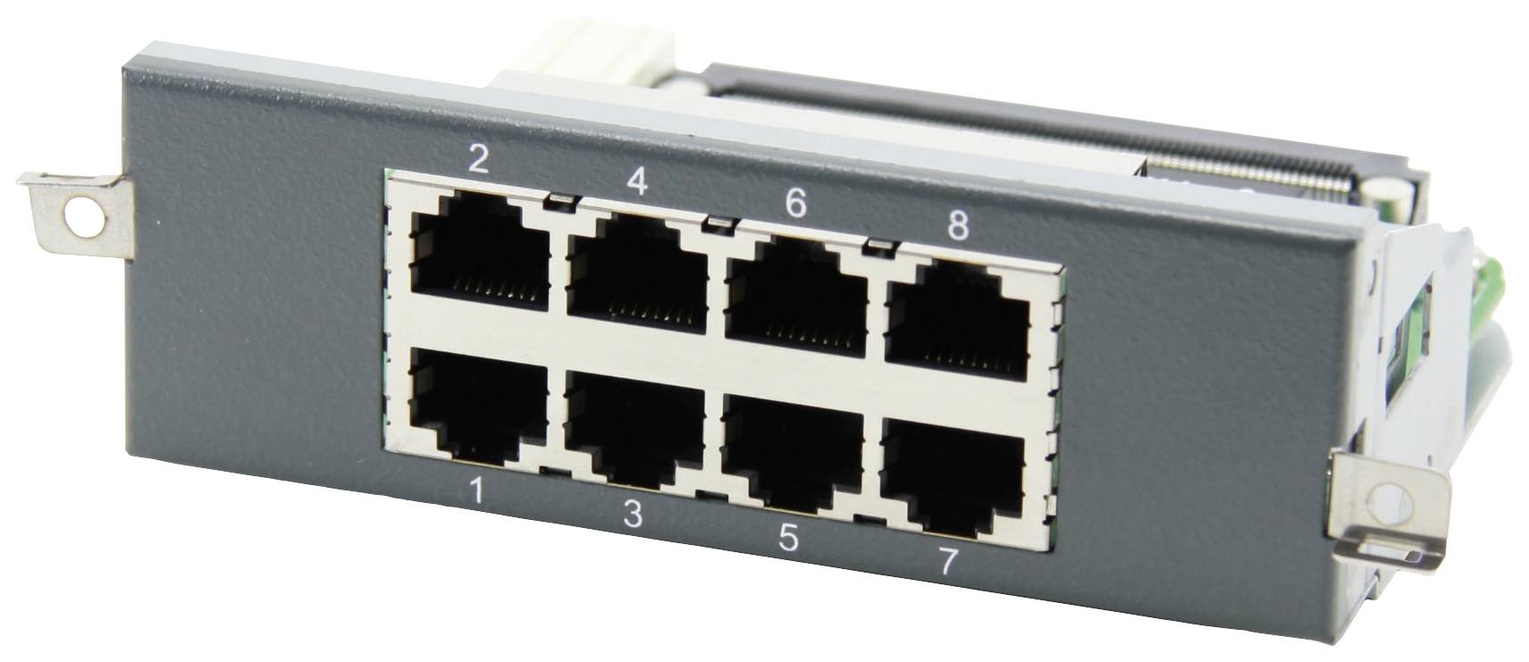 A network switch module with eight Ethernet ports, numbered from 1 to 8, for expanding the network capacity of devices.